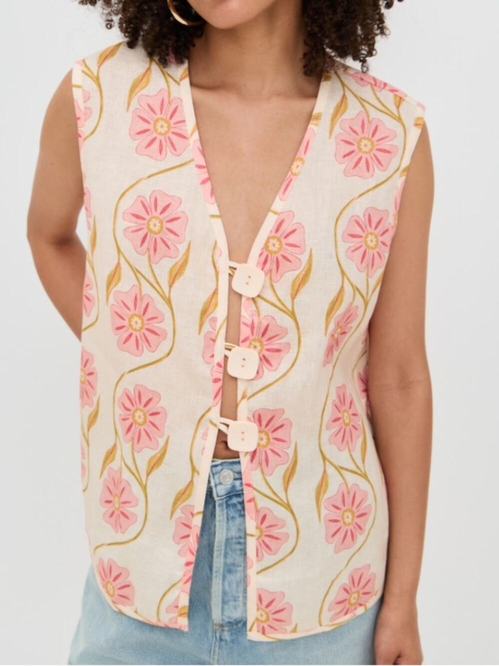 VRG GRL Lorena Linen Vest Bloom Cream Pink Floral size 8 Button Front